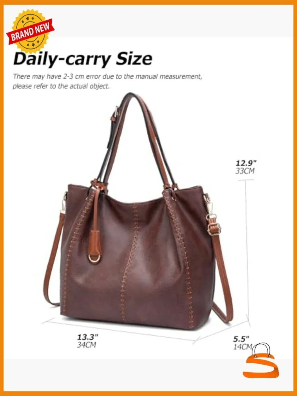 Vintage Hobo Shoulder Bag Faux Leather Bucket Tote Purse with Rivet Detail